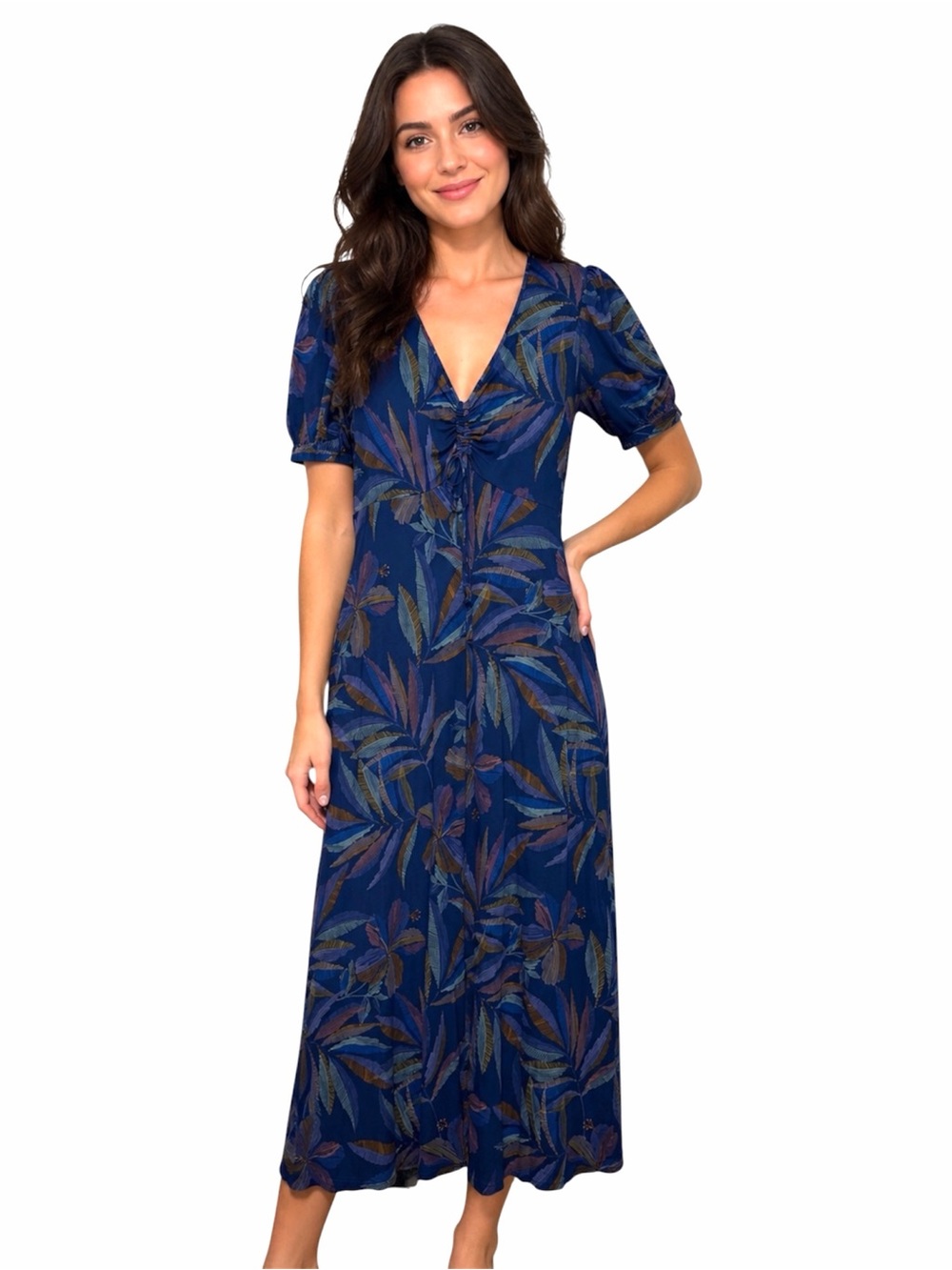 Les Serein Blue Floral Stretch Midi Dress Size Large